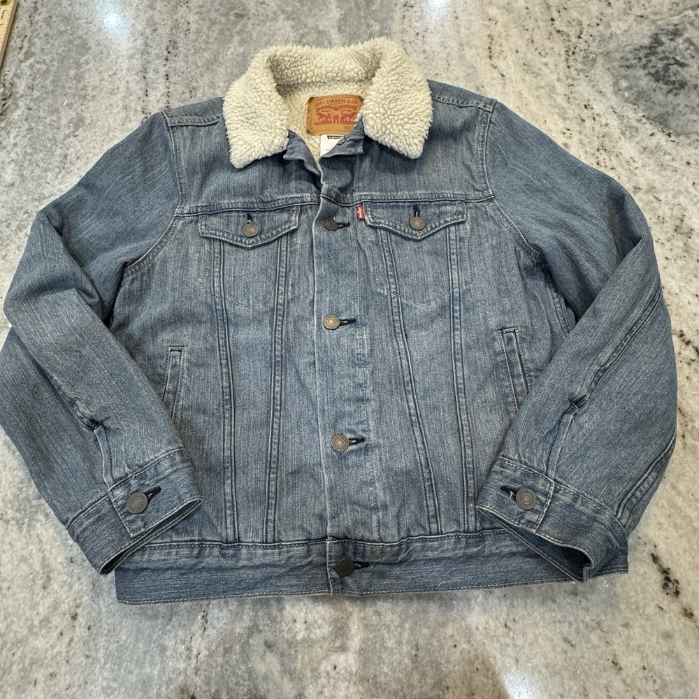 Levi's Sherpa Lined Denim Trucker Jacket Fleece Collar Kids Youth Size Large